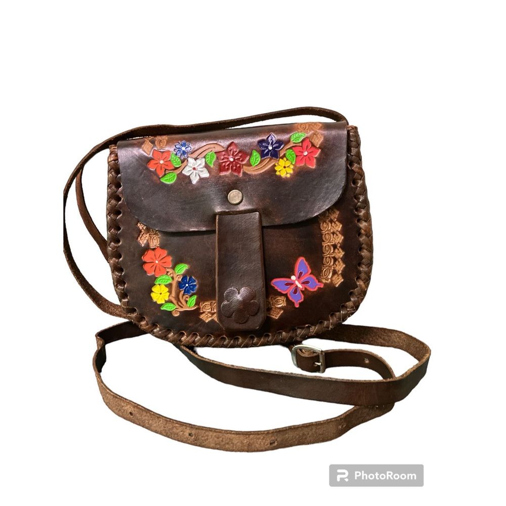 Hecho En Mexico Leather Hand Tooled Crossbody Bag Purse Handpainted